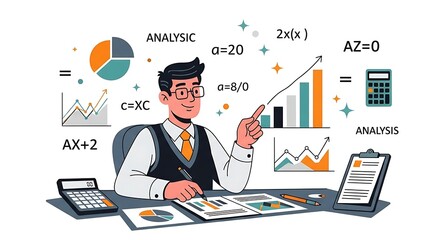 Animated analyst pointing at upward trending graph with equations and charts