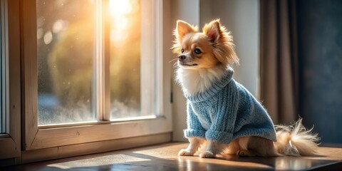 A small longhaired dog in a light blue sweater sits on a windowsill, basking in the warm sunlight, gazing thoughtfully outside.