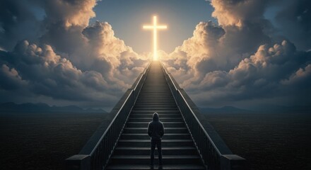 A lone figure ascends a long staircase towards a glowing Christian cross in the dramatic, cloudy heavens, symbolizing a spiritual journey to the afterlife.