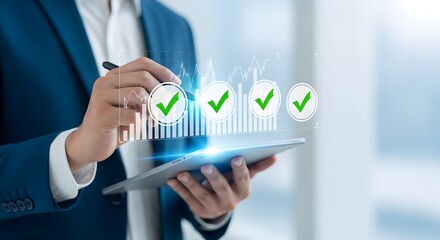 Business professional reviewing successful project completion with digital checkmarks