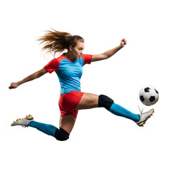 female soccer player kicking the ball on Isolated transparent background png. generated with AI