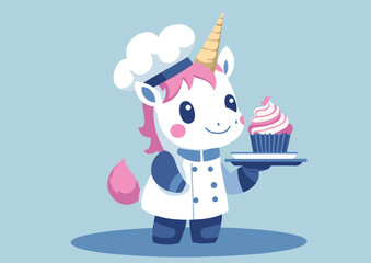 Cute Unicorn Chef Holding Cupcake on Tray Vector Illustration on Blue Background Ideal for Children's Books, Birthday Cards, Party Invitations, and