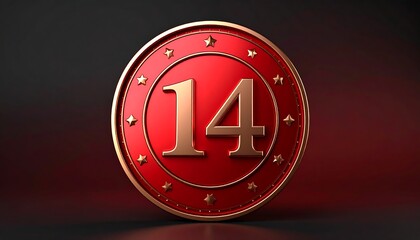 Red badge with gold trim, number 14