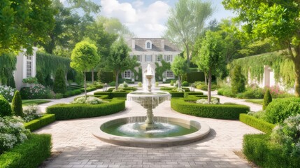 Antique-style front yard fountain with classical ston