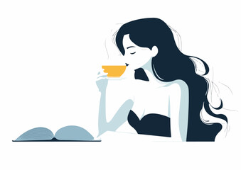 Beautiful Woman Drinking Tea or Coffee and Reading a Book Vector Illustration Isolated on White Background Perfect for Bookstores Cafes Libraries and Relaxation