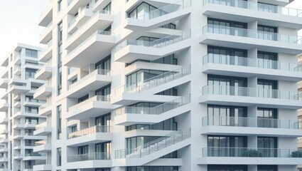 Fototapeta premium Modern White Apartment Building with Unique Staircase Design and Glass Balconies