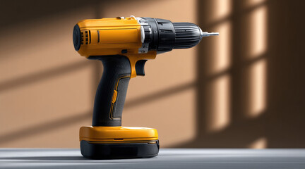 Cordless electric drill tool with black and orange body, ergonomic handle, and battery pack on table in sunlight indoors