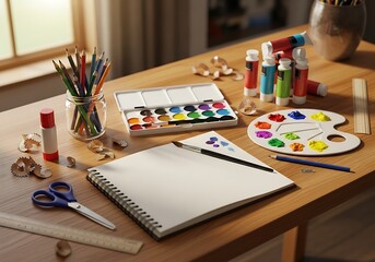 Fototapeta premium Art supplies on a wooden table with watercolor paints and drawing tools ready for a creative project