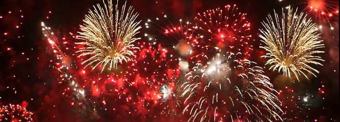 Banner red firework night time celebrate national holiday. Countdown new year 2025 festival with...