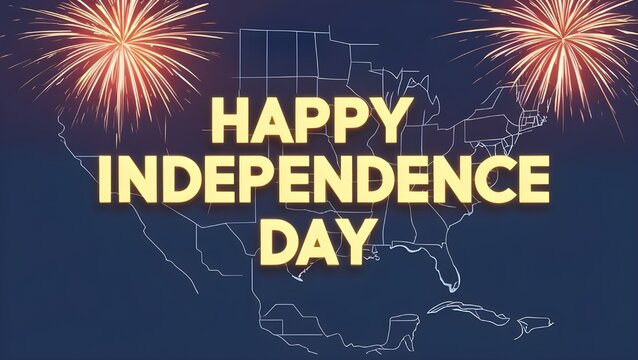 Glowing typography of “Happy Independence Day” over map outline and abstract fireworks. No people, only symbolic visuals.