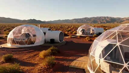 Dome Shaped Structures in Warm Desert Landscape Under Clear Sky Architecture - Powered by Adobe