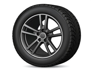 Fototapeta premium Dark gray alloy wheel with a black tire, isolated on a white background