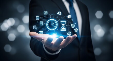 Businessman holds glowing digital clock and technology icons in his palm