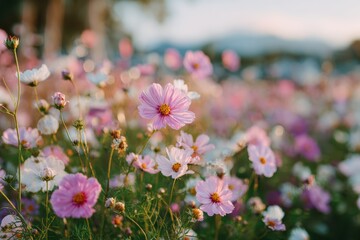 Obraz premium Vibrant Blossom Field at Sunset Showcasing Pink and White Flowers with Soft Natural Light Creating a Dreamy Ambiance in Nature's Beauty