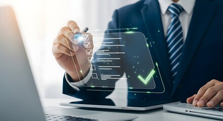 Businessman interacting with futuristic holographic data interface