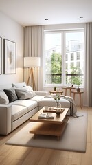 Bright living room with white sectional sofa and wooden coffee table