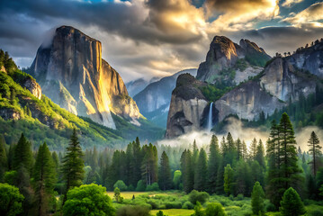 Majestic yosemite valley with el capitan and bridalveil fall at sunrise
