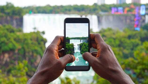 person captures a stunning view of a majestic waterfall surrounded by lush greenery with a smartphone, blending real scenery with a digital overlay - Powered by Adobe