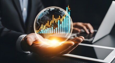 Global financial market data visualization held in hand