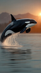Fototapeta premium Orca jumping out of water at sunset, creating splash, with mountain silhouette and golden sky in background
