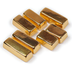 Seven Shiny Gold Bars Stacked on White Background Keywords: gold, bullion, precious metal, wealth, finance, investment, banking, currency, money, luxury, success