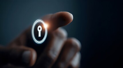 A close-up of a hand pressing a digital lock icon, symbolizing security and technology.