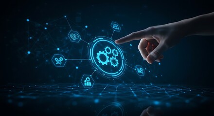 Automation concept with hand touching digital interface gears
