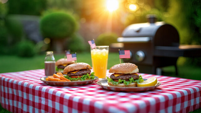 Delicious Memorial Day barbecue featuring juicy burgers with American flag toppers, crispy sweet potato fries, and refreshing drinks on a picnic table, perfect for summer celebrations.