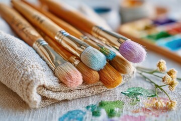 Artistic Composition of Paintbrushes Arranged on a Soft Cloth with Colorful Paint Swatches and Floral Accents in a Creative Workspace Setting