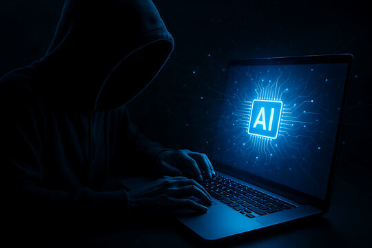Cybersecurity threat concept with hooded hacker using laptop showing glowing ai chip interface highlighting dangers of artificial intelligence and data breaches in dark environment