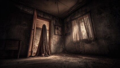 A shadowy figure shrouded in a cloth in a dilapidated room