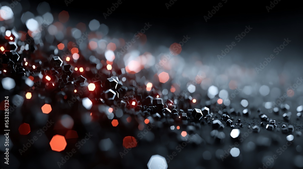 Wall mural abstract dark hexagonal particles with red bokeh