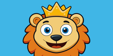 Cartoon lion king drawing vector illustration for kids and children with blue background and golden crown on transparent background