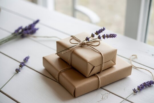 Thoughtful present parcels wrapped in brown paper tied with twine, elegantly adorned with lavender sprigs on a rustic white wooden table