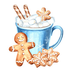 Blue mug with hot chocolate, marshmallow, wafer rolls and gingerbread, watercolor illustration for food design. Hand drawn isolated cup of cocoa. Sweet childrens drink for cozy winter holiday print.