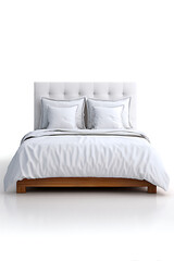 White Tufted Headboard Bed with White Linens and Wooden Base on Transparent Background image photo