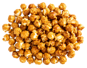 Caramel Popcorn Pile with Glossy Glaze, Centered Top View, Isolated on Transparent Background
