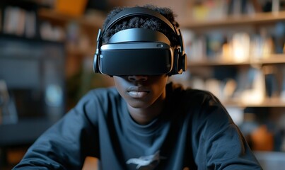 Black African American Gen Z teenager gaming with a VR headset, immersing in virtual reality experiences in a modern digital world, Generative AI