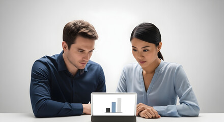 Business professionals analyzing data on a tablet in a modern office setting with focused expressions and collaborative teamwork for corporate presentation or strategy planning