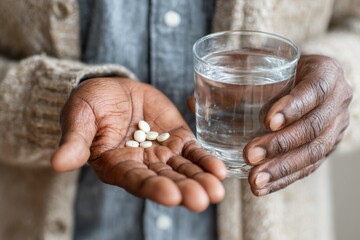 Hands holding medicine pills and a glass of water