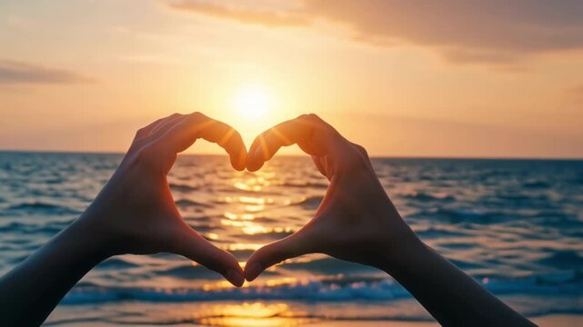 Capturing love at sunset heart-shaped gesture beachfront photography serene atmosphere silhouette view romantic concept for lasting memories