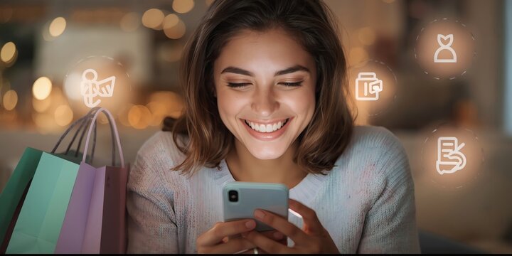 Woman shopping online using smartphone with shopping bags at home