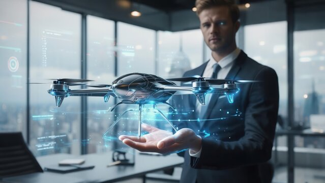 Businessman holding a drone hologram - Powered by Adobe