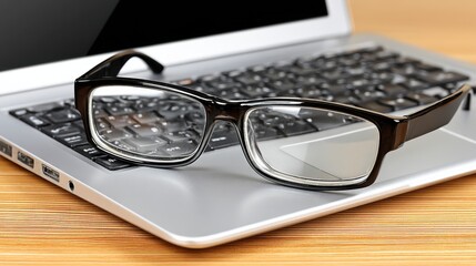 A pair of eyeglasses resting on a silver laptop keyboard with a wooden surface background