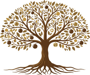 Fototapeta premium Stylized tree with fruits and leaves in shades of brown and gold on a white background illustration roots