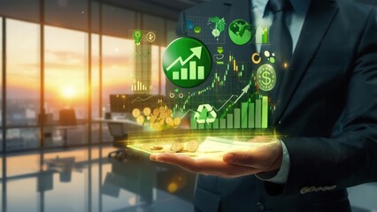 Obraz premium Businessman holding a holographic display of sustainable growth