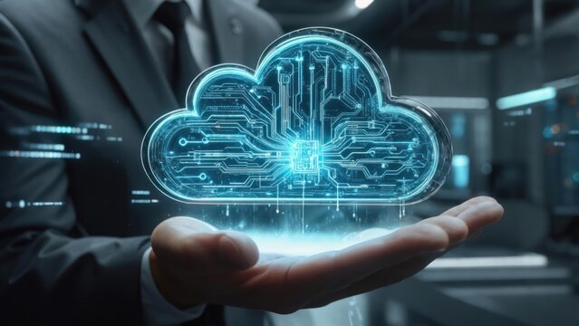 Businessman holding a holographic cloud with circuit board design