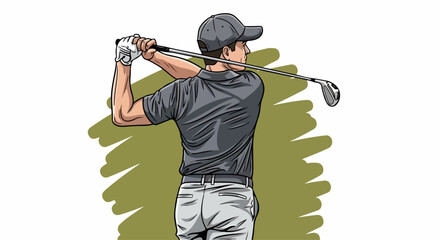 Illustrated male golfer in grey attire, viewed from behind during a powerful golf swing.