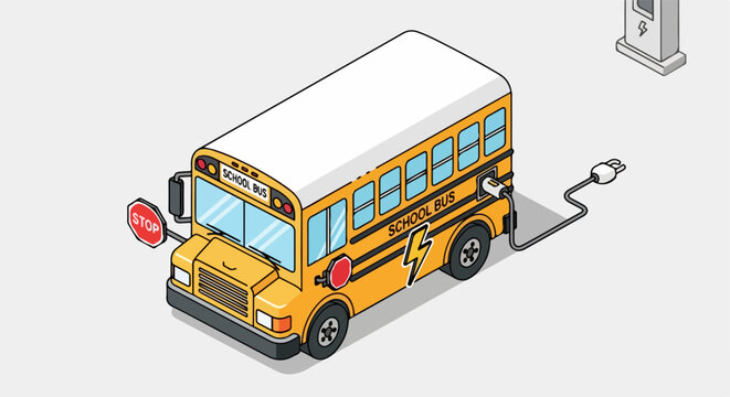 Isometric yellow electric school bus with a lightning bolt logo, plugged in and charging.