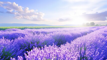 Fototapeta premium Purple lavender stretches into the horizon beneath th